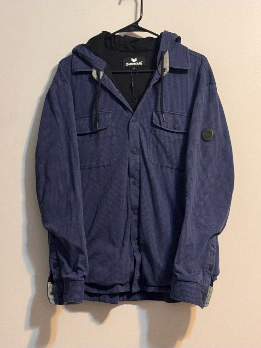 Buttercloth Men’s Large Navy Hooded Shirt Jacket Shacket Snap Front